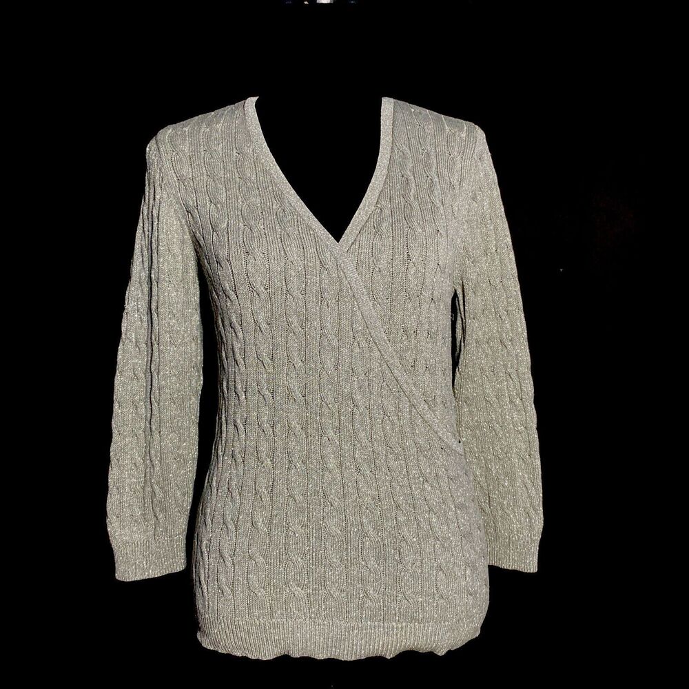 Ann Taylor Sweater MED Gray Silver Metallic Wrap Cable Knit 3/4‎ Sl Stretch Silk